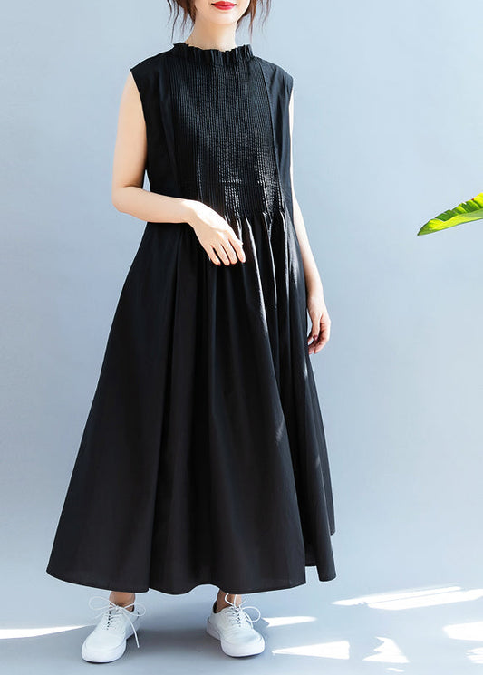 Boutique Black Ruffled Wrinkled Cotton Dresses Sleeveless