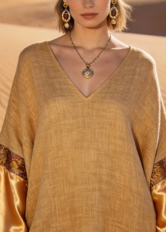 Earth Yellow V Neck Print Silk Patchwork Linen Mini Dresses Spring