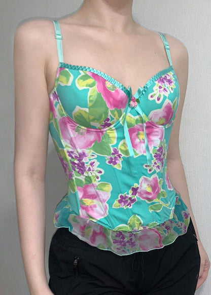Green Print Tulle Patchwork Spaghetti Strap Tank Sleeveless
