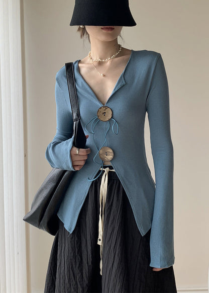 New Blue V Neck Knitting Cotton Tops Fall