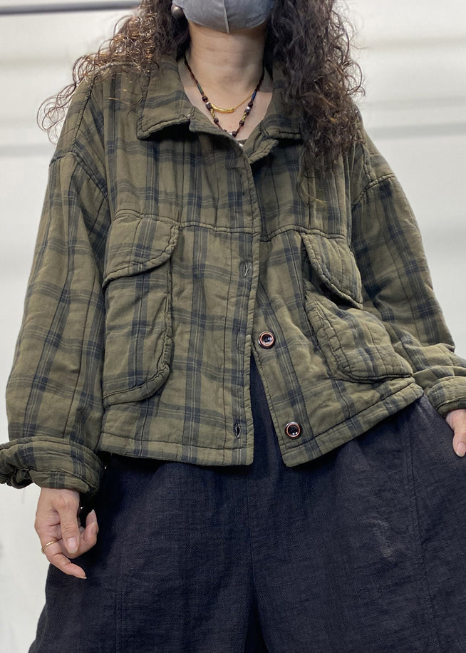 Green Plaid Button Patchwork Cotton Filled Coat Long Sleeve Fall