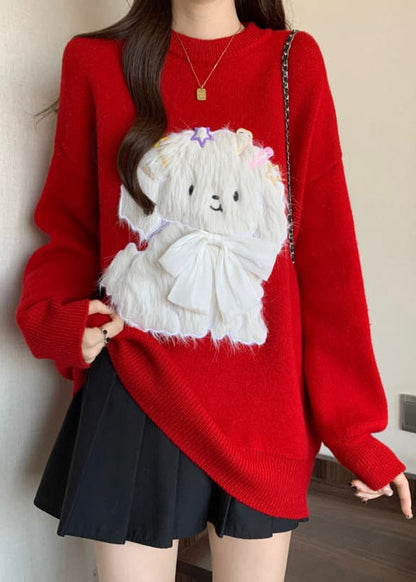 Red O Neck Dogs Loose Knit Sweaters Spring