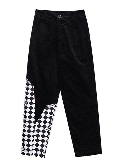 Black Patchwork High Waist Warm Fleece Corduroy Straight Pants Fall