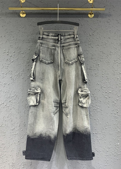 Gradient Color Grey Pockets Patchwork Straight Jeans Spring