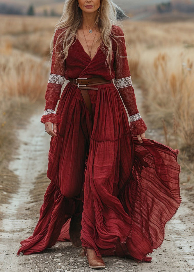 New Red V Neck Lace Patchwork Cotton Long Dresses Spring