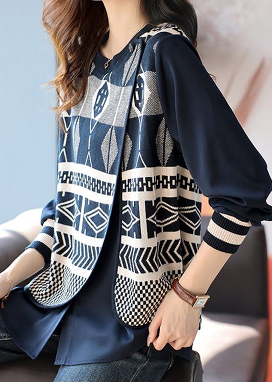 Blue O Neck False Two Pieces Patchwork Knit Top Fall