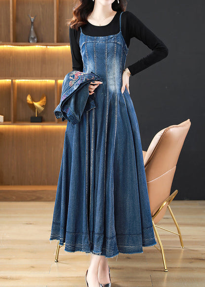Blue Wrinkled Embroideried Patchwork Denim Three Pieces Set Fall