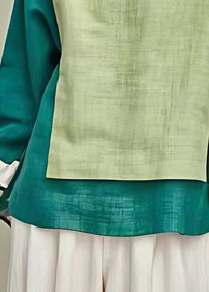 Grass Green Asymmetrical Patchwork Linen Blouse Top Summer