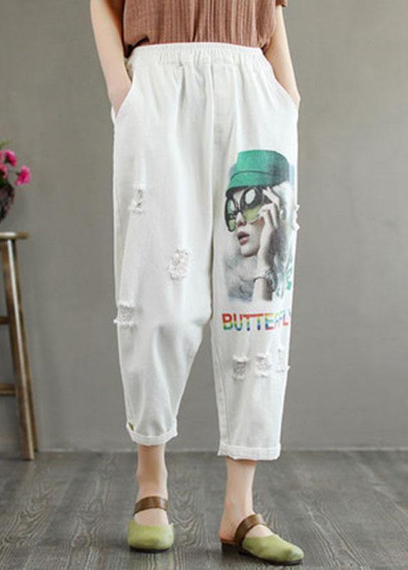 Stylish White Print High Waist Hole Harem Cotton Pants