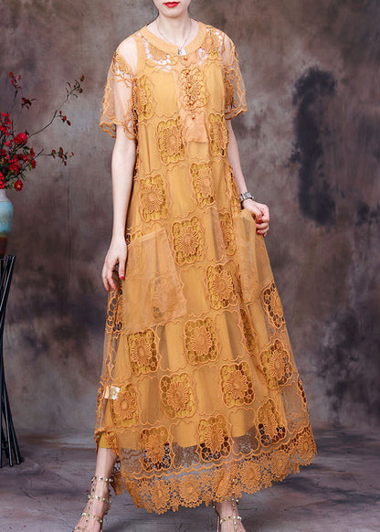 Purple O-neck Big Pockets Hollow Out Lace Dress and Spaghetti Strap Dress Two Piece Set Short Sleeve