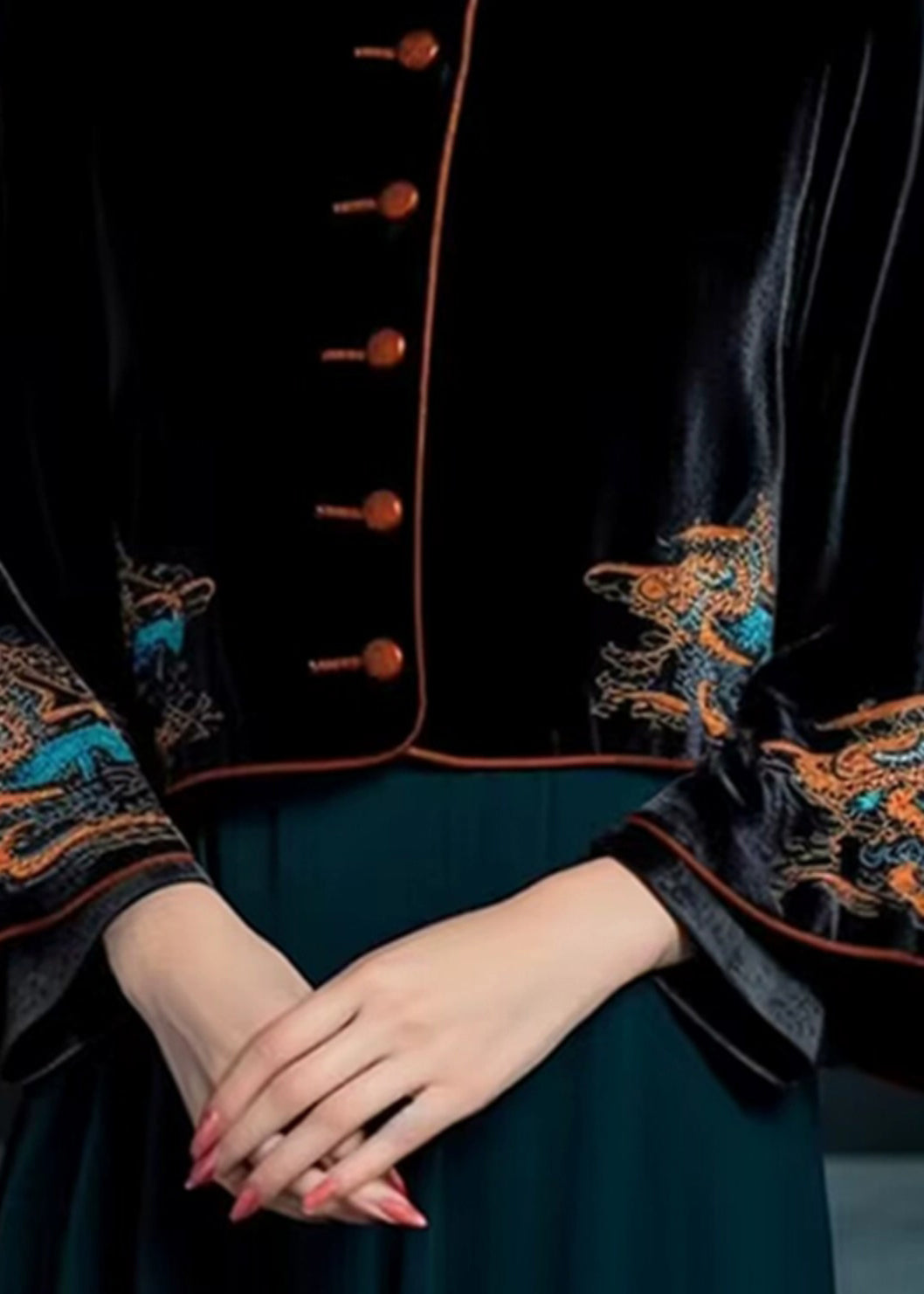 Black Embroideried Button Silk Velour Coats Flare Sleeve