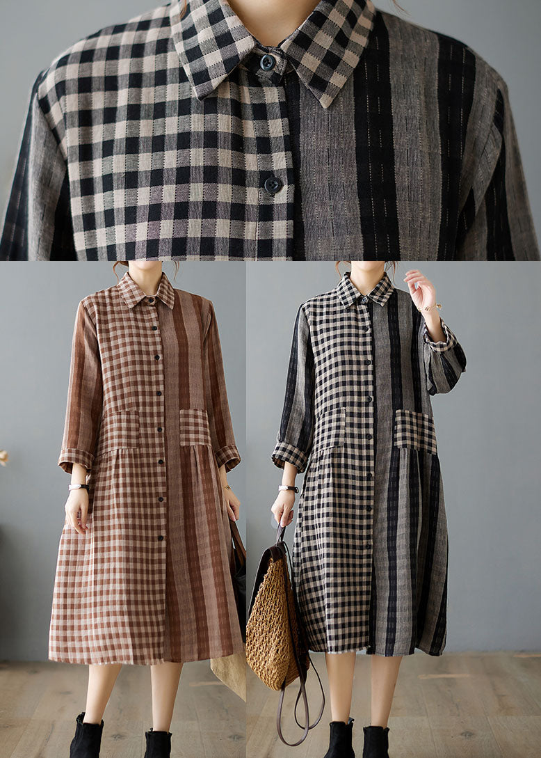 Khaki Peter Pan Collar Plaid Cotton Dresses Spring
