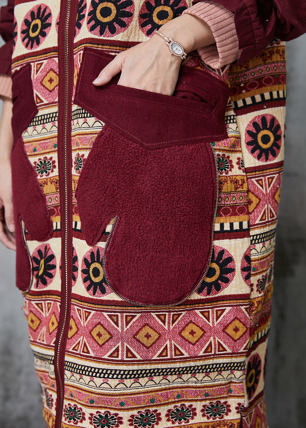 Mulberry Hooded Print Pockets Fine Cotton Filled Coats Winter