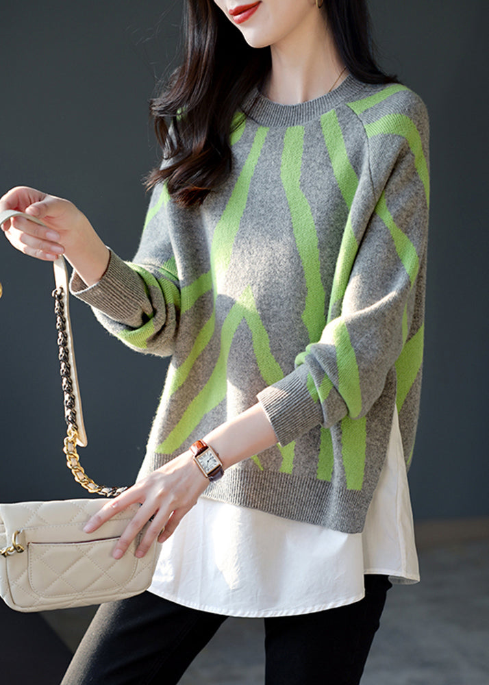 Grey Print Patchwork Wool Knit Fake Two Piece Pullover Tops Winter