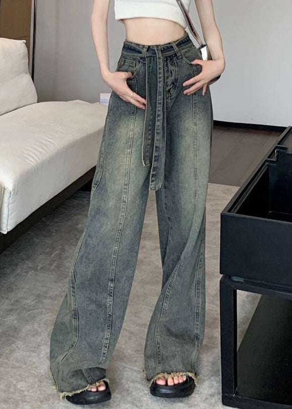 Blue Lace Up Pockets Denim Pants Spring