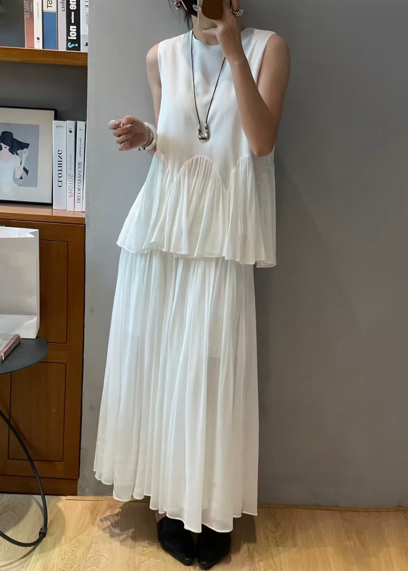 Loose White Wrinkled Chiffon Two-piece Set Sleeveless