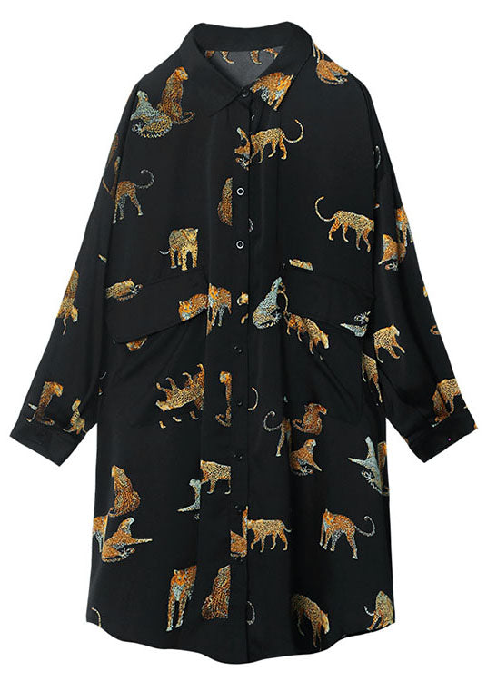 Black Peterpan Collar Button Pockets Print Fall Top Long Sleeve