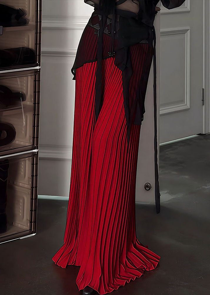 Red Elastic Waist Draping Silk Pleated Skirt Spring