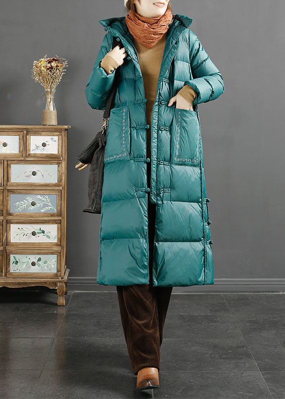 Fine Red Embroideried Side Open Button Duck Down Hooded Down Coat Long Sleeve