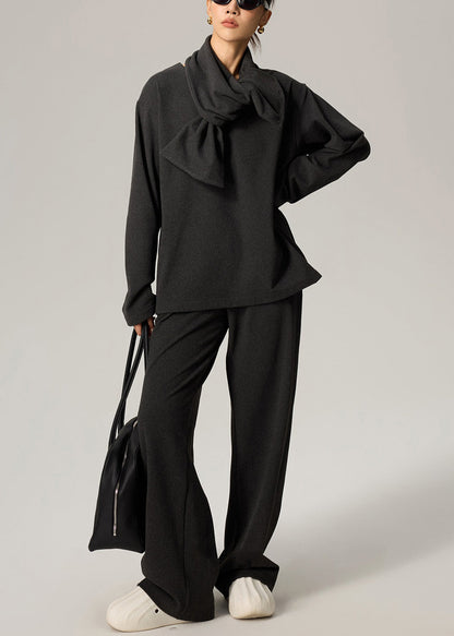 Dark Gray Scarf Tops and Pants Cotton Fall Three Pieces Set V Neck