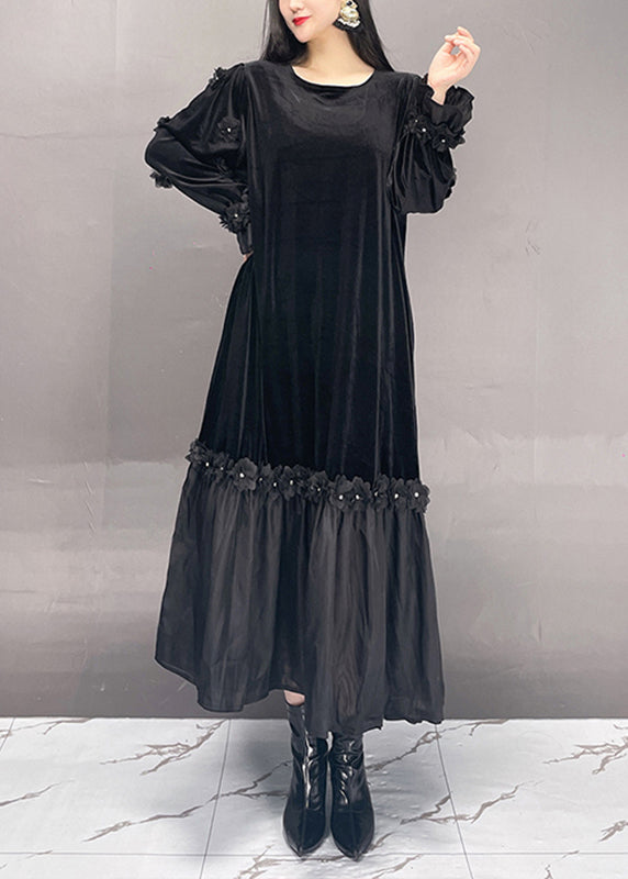 Boutique Red O-neck Embroidered Silk Velour Long Dresses Fall