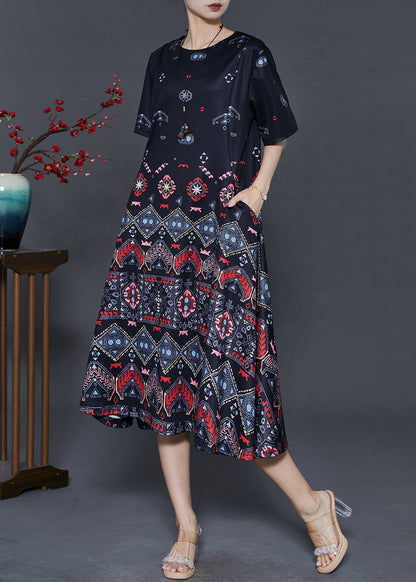 Black Print Exra Large Hem Silk Dresses Summer