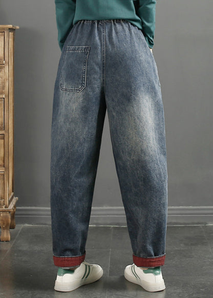 Navy Embroideried Patchwork Denim Pants Spring