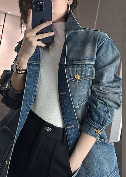 Blue Patchwork Button Denim Coat Long Sleeve Fall
