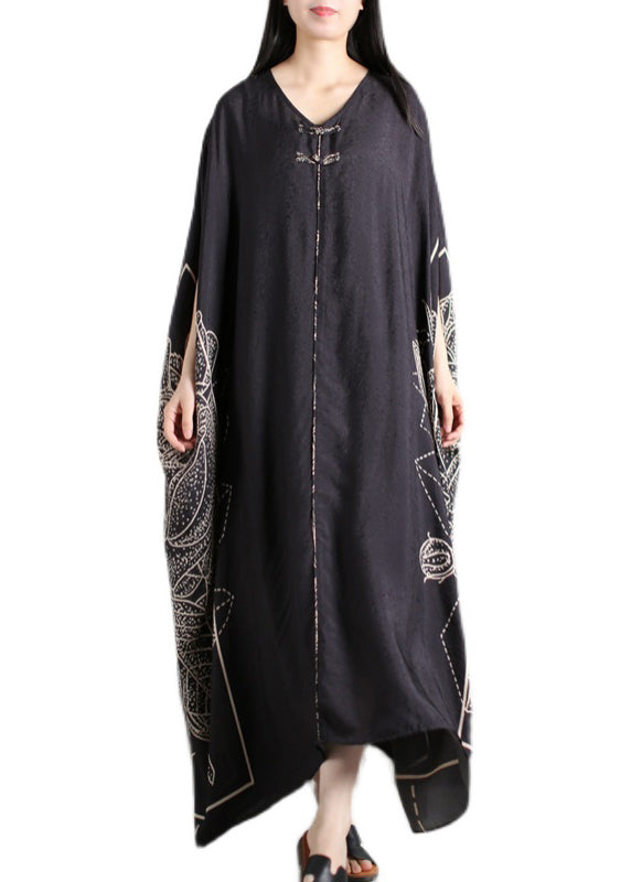 Unique Black O-neck Asymmetrical Patchwork Print Silk Vacation Dresses Half Sleeve