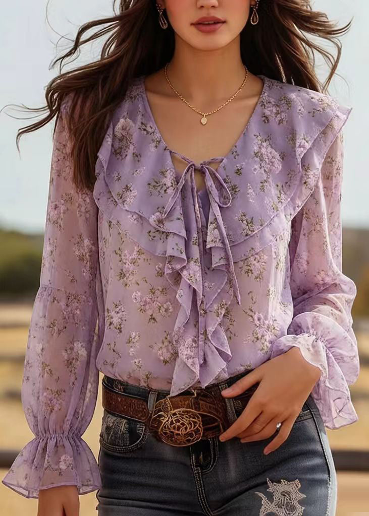 Italian Lavender Ruffled Print Chiffon Shirts Spring