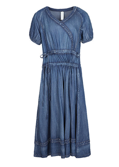 Blue Cinched V Neck Cotton Denim Dress Short Sleeve