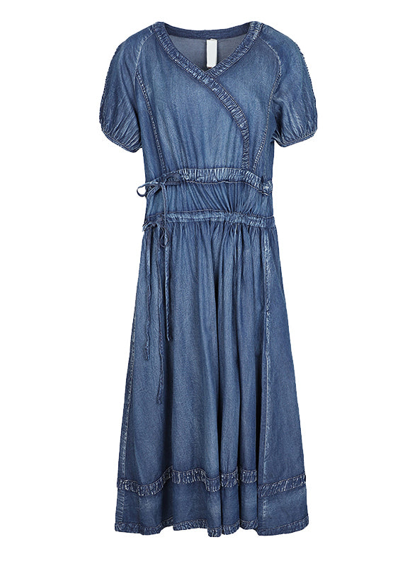 Blue Cinched V Neck Cotton Denim Dress Short Sleeve