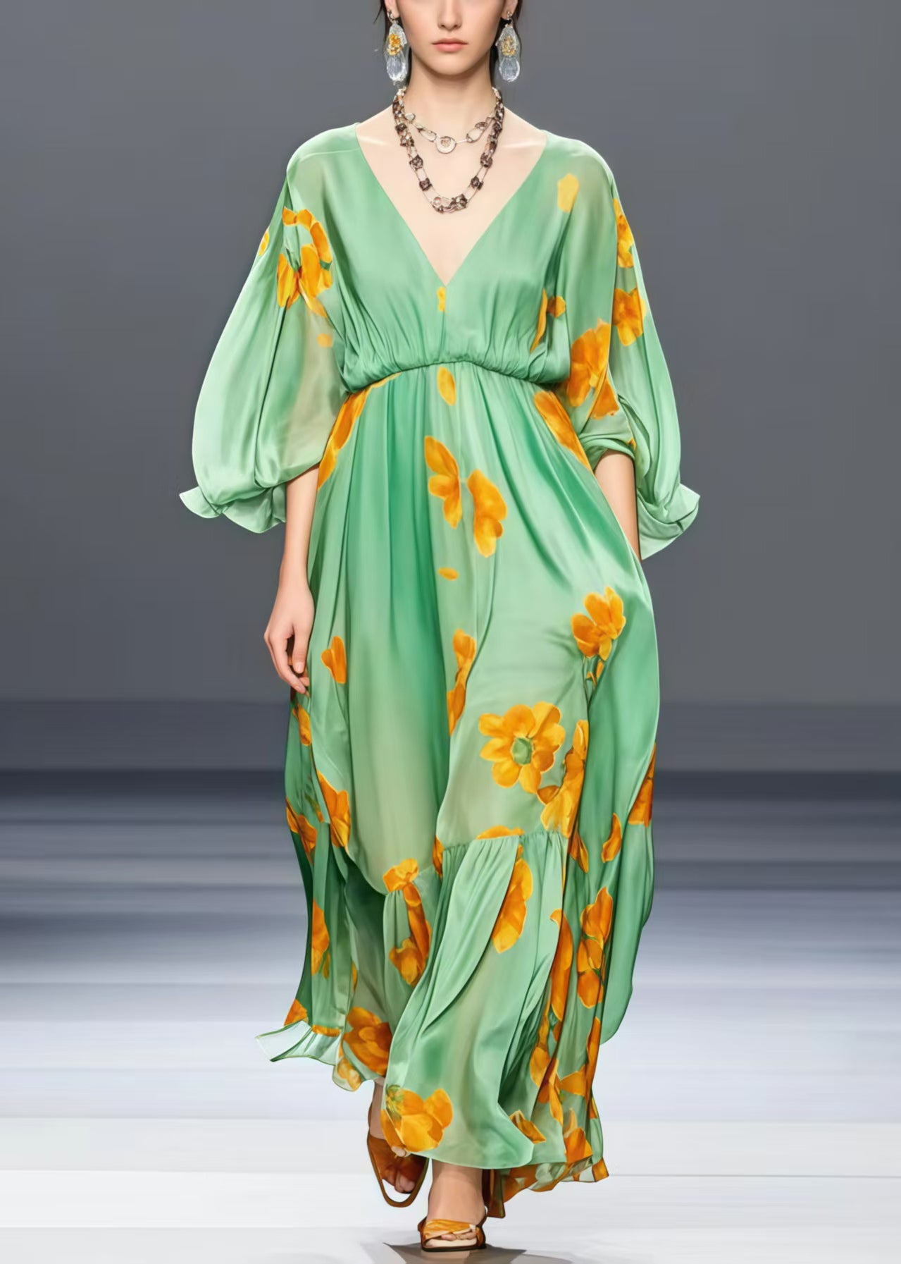 Loose Grass Green V Neck Silk Long Dress Lantern Sleeve