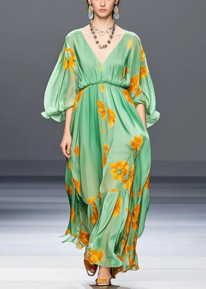 Loose Grass Green V Neck Silk Long Dress Lantern Sleeve