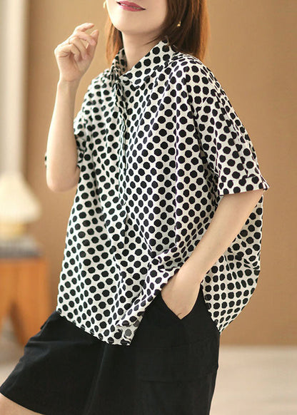 Black Dot Print Peter Pan Collar Cotton Shirts Short Sleeve
