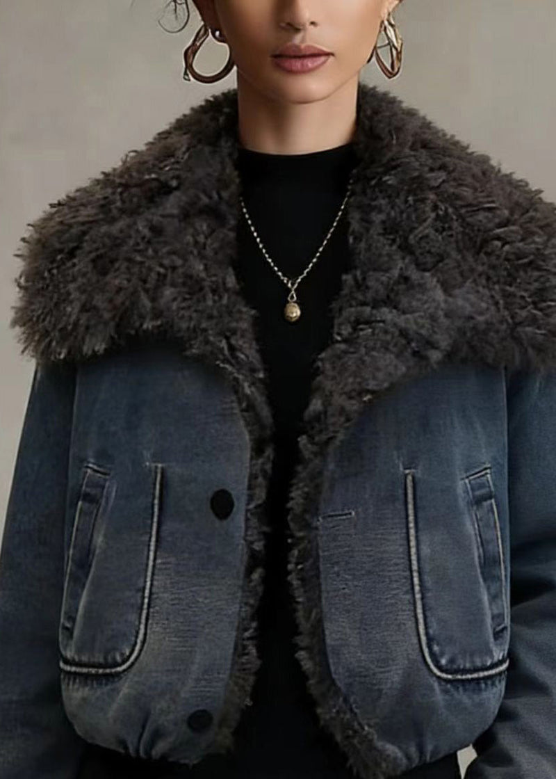 Stylish Blue Teddy Faux Fur Patchwork Fine Cotton Filled Jacket Winter