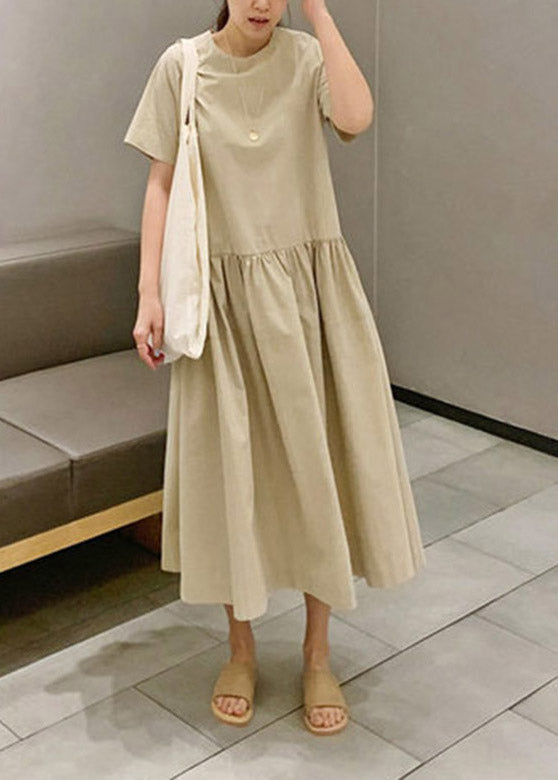 Diy Khaki O-neck Wrinkled Patchwork Cotton Long Dresses Short Sleeve