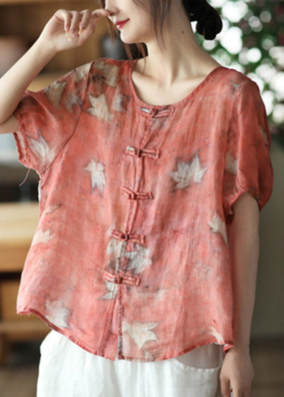 Boutique Red O-neck Print Linen Short Sleeve