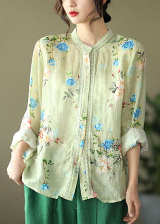 White Lace Patchwork Print Ramie Blouses Long Sleeve