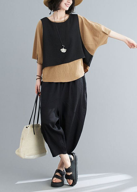 Unique Khaki O-neck Patchwork Cotton Tops and Pants Pieces Set Summer