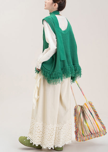 Stylish Green Tasseled Knit Vest and Apricot Wide Leg Pants Three Pieces Set