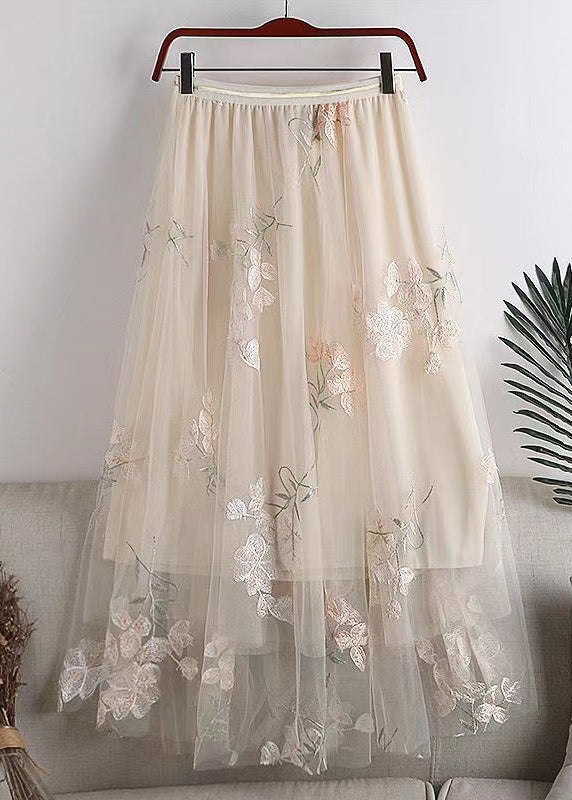 Grey Embroidered Elastic Waist Tulle Skirts Spring
