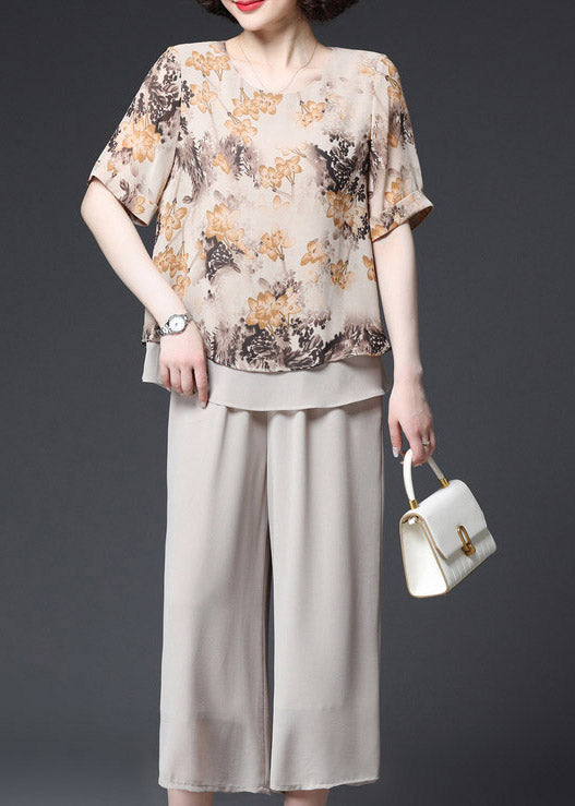 Apricot O-neck Print Layered Design Chiffon Tanks and Wide Leg Pants Two Pieces Set Summer