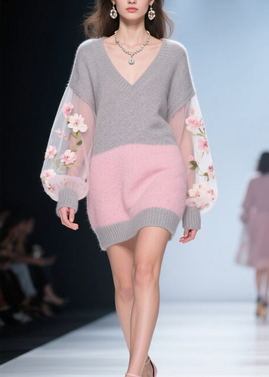 Colorblock Tulle Patchwork Knit Sweater Dress Fall