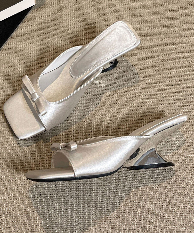 Black Bow Splicing Satin Wedge Slide Sandals
