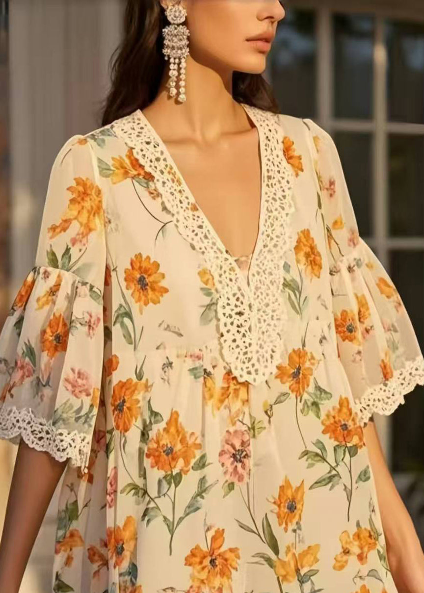 Beige Print Patchwork Lace Chiffon Day Dress Summer