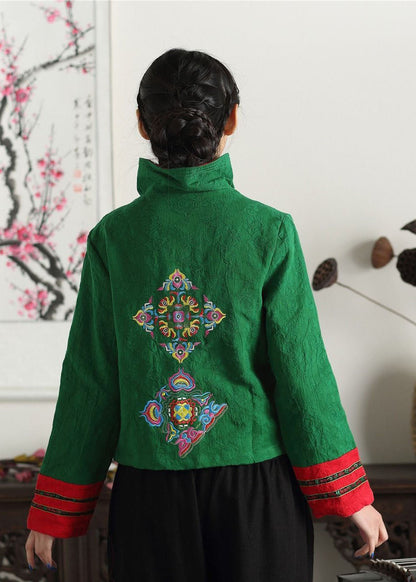 Unique Green Stand Collar Print Patchwork Cotton Chinese Style Coats Spring