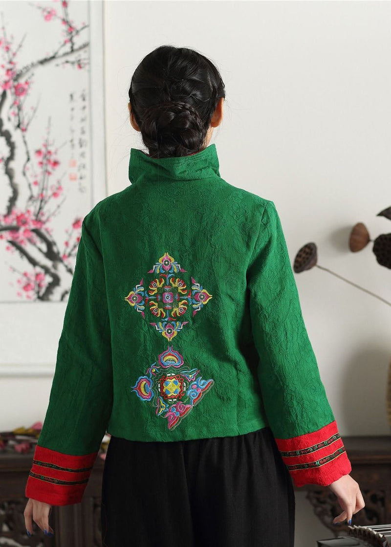 Unique Green Stand Collar Print Patchwork Cotton Chinese Style Coats Spring