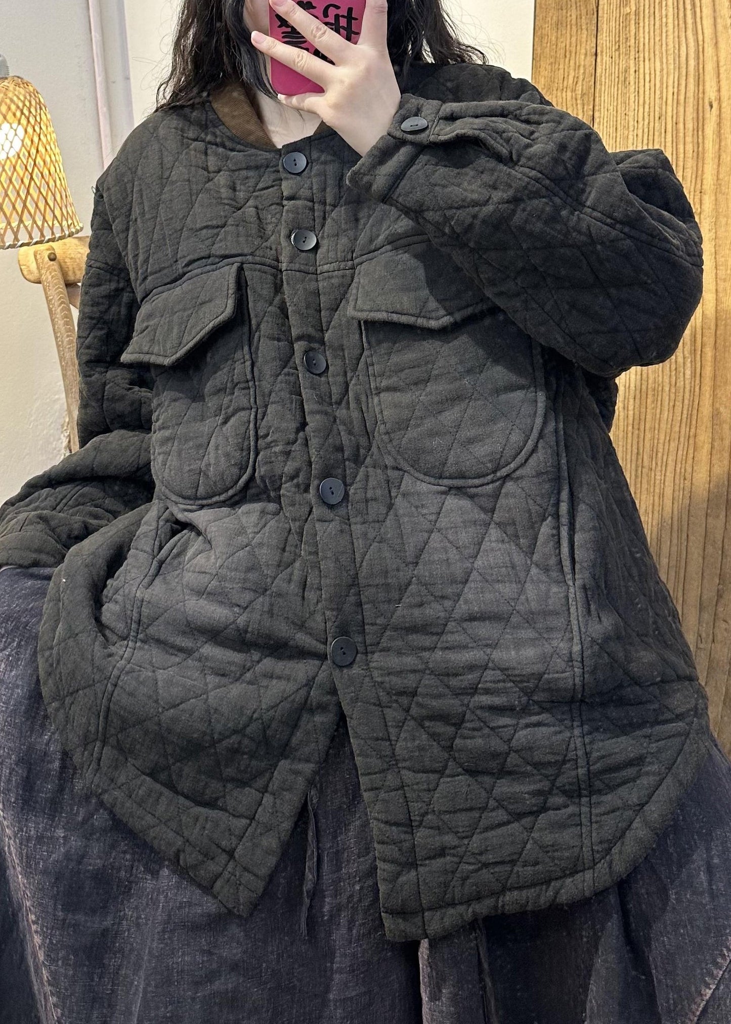 Loose Purple Pockets Button Fine Cotton Filled Coats Winter