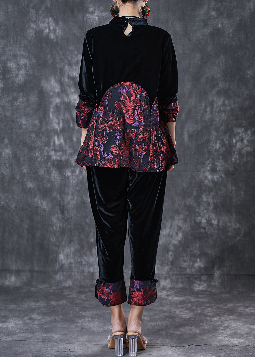 Black Oversized Patchwork Jacquard Silk Velvet Two Pieces Set Spring